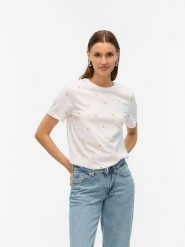 Vero Moda Koszulka w kolorze białym rozmiar: L. Białe bluzki Vero Moda, l, bez wzorów, z bawełny, bez kołnierzyka, bez ramiączek. Za 48.39 zł.