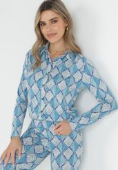 Niebieska Koszula w Ornamentalny Wzór Lagzos. Niebieskie koszule Born2be, l, z aplikacjami, klasyczne, bez kołnierzyka, bez ramiączek. Za 109.99 zł.