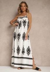 Biała Rozkloszowana Sukienka na Ramiączkach w Ornamentalny Print Reveleine. Białe sukienki Renee, na co dzień, l, z aplikacjami, bez kołnierzyka, bez ramiączek, maxi, dopasowane. Za 59.99 zł.