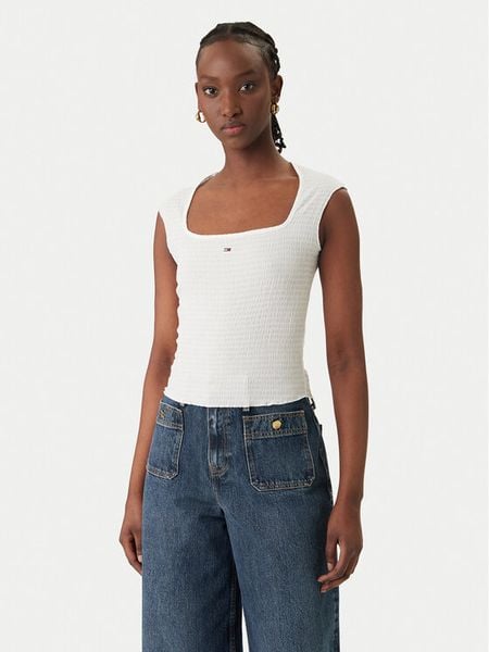 Tommy Jeans Top Smock Seersucker DW0DW22220 Biały Slim Fit. Białe topy Tommy Jeans, l, bez wzorów, z jeansu, bez kołnierzyka, bez ramiączek. Za 103.99 zł.