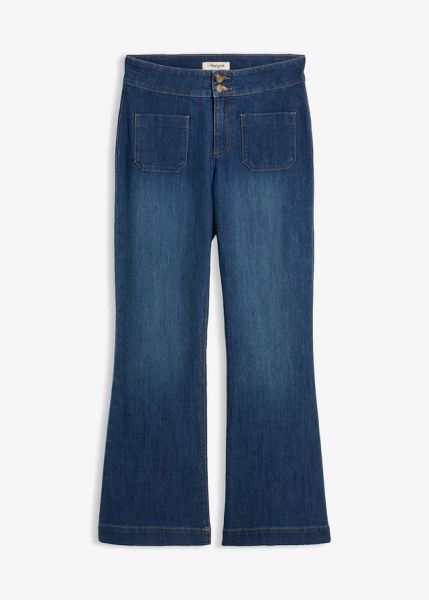 Jeansy dzwony ze średnim stanem. Niebieskie jeansy bonprix, bez wzorów. Za 149.99 zł.
