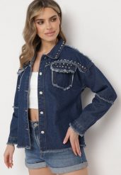 Granatowa Bawełniana Kurtka Jeansowa z Ćwiekami Quintilla. Niebieskie kurtki Born2be, l, bez wzorów, z bawełny, bez kaptura. Za 49.99 zł.