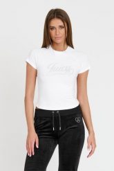 JUICY COUTURE Biały damski t-shirt Retroshrunken Tee, Rozmiar L. Białe t-shirty Juicy Couture, l, bez wzorów, bez kołnierzyka, bez ramiączek. W wyprzedaży za 119.99 zł.