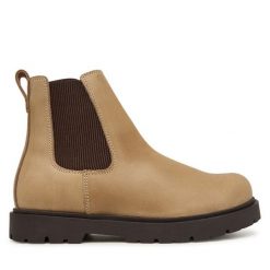 Sztyblety Birkenstock. Brązowe botki Birkenstock, bez wzorów, bez obcasa, na płaskiej podeszwie, bez zapięcia. Za 854.99 zł.