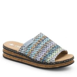 Klapki Rieker. Niebieskie klapki Rieker, bez wzorów, bez obcasa. Za 279.99 zł.