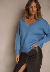 Niebieski Sweter z Kaszmirem i Trójkątnym Dekoltem Plenne. Niebieskie swetry Renee, bez wzorów, z kaszmiru, bez ramiączek. Za 139.99 zł.