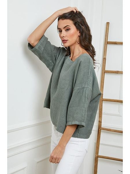 Fleur de Lin Lniana bluzka "Georginia" w kolorze khaki rozmiar: L. Brązowe bluzki Fleur de Lin, l, bez wzorów, ze lnu, bez kołnierzyka, bez ramiączek. Za 143.56 zł.