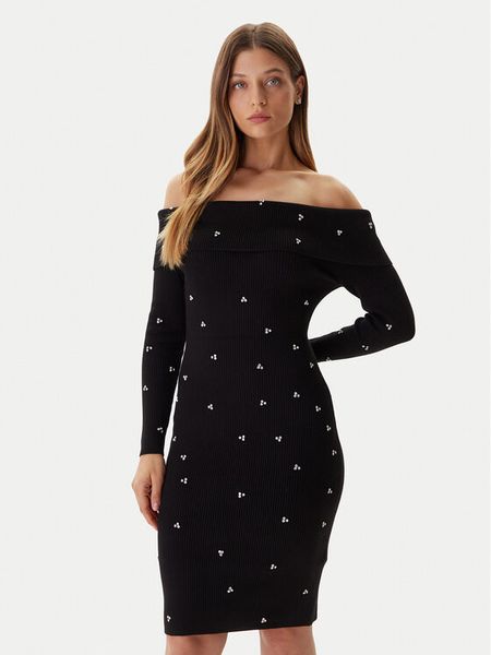 Guess Sukienka dzianinowa W5BK64 Z2YJ2 Czarny Slim Fit. Czarne sukienki Guess, xxl, z aplikacjami, z dzianiny, bez kołnierzyka, bez ramiączek. Za 486.50 zł.