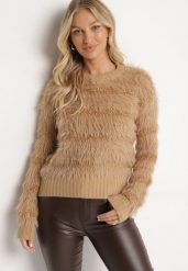 Ciemnobeżowy Puchaty Sweter z Wełną i Ściągaczami Exenevia. Brązowe swetry Born2be, bez wzorów, z jeansu, bez ramiączek. Za 64.99 zł.