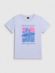 4F T-shirt regular z nadrukiem damski - niebieski XL. Niebieskie t-shirty 4f, xl, bez wzorów, z bawełny, bez kołnierzyka, bez ramiączek. Za 59.99 zł.