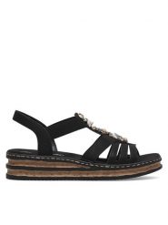 Rieker Sandały 62949-00 Czarny. Czarne sandały Rieker, bez wzorów, z syntetyku, bez obcasa, na koturnie, bez zapięcia. Za 259.99 zł.