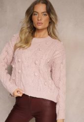 Różowy Sweter z Wełną i Wiskozą Ozdobiony Tłoczeniem i Kulkami Vaiannae. Czerwone swetry Renee, na zimę, m, bez wzorów, z wełny, bez ramiączek. Za 84.99 zł.