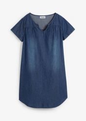 Sukienka dżinsowa tunikowa. Niebieskie sukienki bonprix, bez wzorów, bez kołnierzyka, bez ramiączek. Za 122.99 zł.