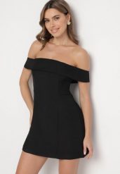 Czarna Taliowana Sukienka z Dekoltem Bandeau z Zakładką Zelzemis. Czarne sukienki Born2be, l, bez wzorów, eleganckie, bez kołnierzyka, bez ramiączek, mini. Za 79.99 zł.