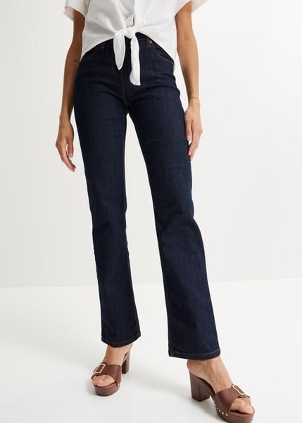 Jeansy ze stretchem, straight, mid waist. Szare jeansy bonprix, bez wzorów. Za 97.99 zł.