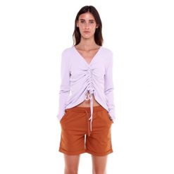 Damski, sznurowany t-shirt w odcieniach ziemi. Czerwone t-shirty LEONE 1947 APPAREL, l, bez wzorów, z tkaniny, bez kołnierzyka, bez ramiączek. W wyprzedaży za 120.40 zł.