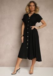 Czarna Wiskozowa Sukienka Koszulowa z Guzikami i Wiązaniem w Talii Velazia. Czarne sukienki Renee, na co dzień, l, bez wzorów, z materiału, eleganckie, bez kołnierzyka, bez ramiączek, midi, koszulowe. Za 119.99 zł.