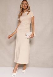 Jasnobeżowa Sukienka Bodycon z Marszczeniem w Talii i Krótkimi Rękawami Aterezza. Brązowe sukienki Renee, na co dzień, l, bez wzorów, klasyczne, bez kołnierzyka, bez ramiączek, maxi, bodycon. Za 109.99 zł.
