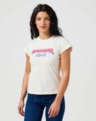 WRANGLER DAMSKA KOSZULKA WRANGLER SHRUNKEN BAND TEE WORN WHITE 112355334. Białe bluzki Wrangler, s, bez wzorów, bez kołnierzyka, bez ramiączek. Za 89.99 zł.