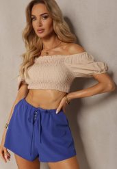 Granatowe Szorty High Waist z Gumką w Talii Virasa. Niebieskie szorty Renee, bez wzorów, z materiału, z podwyższonym stanem. Za 39.99 zł.