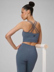 4F Crop-top do jogi szybkoschnący damski - granatowy XL. Niebieskie topy 4f, xl, bez wzorów, ze skóry, bez kołnierzyka, bez ramiączek. Za 119.99 zł.
