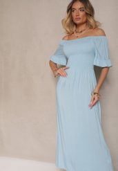 Jasnoniebieska Rozkloszowana Sukienka Hiszpanka z Bawełny z Elastyczną Górą Maissa. Niebieskie sukienki Renee, na co dzień, l, bez wzorów, z bawełny, eleganckie, bez kołnierzyka, bez ramiączek, midi, rozkloszowane. W wyprzedaży za 51.99 zł.