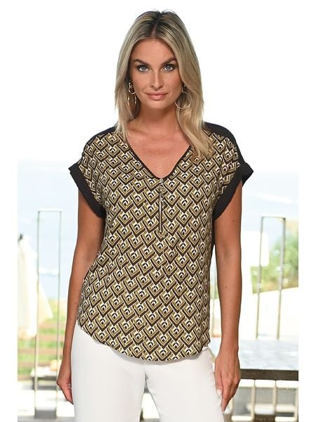 Bleu d'Azur Bluzka "Ebene" w kolorze oliwkowo-czarnym rozmiar: 40-44. Brązowe bluzki Bleu d'Azur, w ażurowe wzory, klasyczne, bez kołnierzyka, bez ramiączek. Za 91.77 zł.