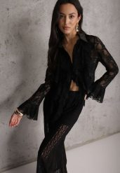 Czarna Wiskozowa Koronkowa Koszula z Bawełną i Falbanami Oraeno. Czarne koszule Renee, m, bez wzorów, z bawełny, bez kołnierzyka, bez ramiączek. Za 129.99 zł.