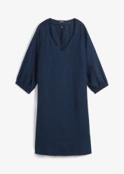 Sukienka z czystego lnu, rękawy 3/4. Niebieskie sukienki bonprix, na lato, bez wzorów, ze lnu, bez kołnierzyka, bez ramiączek, mini. Za 159.99 zł.
