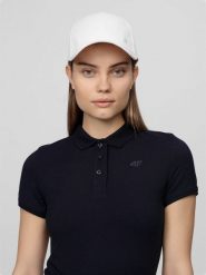 4F Koszulka polo damska - granatowa S. Niebieskie bluzki 4f, s, bez wzorów, z bawełny, klasyczne, bez kołnierzyka, bez ramiączek. W wyprzedaży za 29.99 zł.