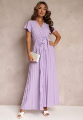Fioletowa Koktajlowa Maxi Sukienka Ozdobiona Plisami z Trójkątnym Dekoltem i Wiązaniem w Talii Phoelia. Fioletowe sukienki Renee, na imprezę, m, bez wzorów, eleganckie, bez kołnierzyka, bez ramiączek, maxi. Za 89.99 zł.