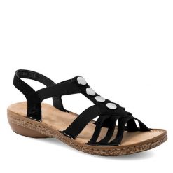Sandały Rieker. Czarne sandały Rieker, bez wzorów, bez obcasa, na płaskiej podeszwie, bez zapięcia. Za 289.99 zł.