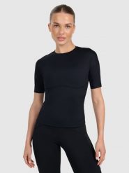 4F Koszulka treningowa slim szybkoschnąca damska - czarna M. Czarne koszulki sportowe 4f, bez wzorów, z elastanu, bez ramiączek, na fitness i siłownię. Za 129.99 zł.