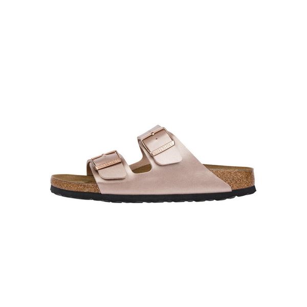 Klapki damskie Birkenstock Arizona Bf Copper. Brązowe klapki Birkenstock, bez wzorów, z materiału, bez obcasa. Za 296.10 zł.