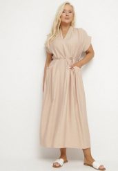 Beżowa Wiskozowa Sukienka Pudełkowa z Cienkim Paskiem i Kieszeniami Lumivorae. Brązowe sukienki Born2be, na co dzień, plus size, bez wzorów, z wiskozy, eleganckie, bez kołnierzyka, plus size, bez ramiączek, maxi, proste. Za 74.99 zł.