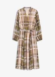 Sukienka szyfonowa z paskiem w talii. Brązowe sukienki bonprix, bez wzorów, z szyfonu, eleganckie, bez kołnierzyka, bez ramiączek. Za 149.99 zł.