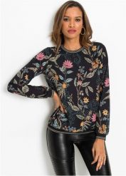 Bluzka shirtowa. Czarne bluzki bonprix, bez wzorów, bez kołnierzyka, bez ramiączek. Za 122.99 zł.
