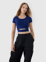 4F T-shirt crop top gładki damski - granatowy XL. Niebieskie t-shirty 4f, xl, bez wzorów, z bawełny, bez kołnierzyka, bez ramiączek. W wyprzedaży za 19.99 zł.
