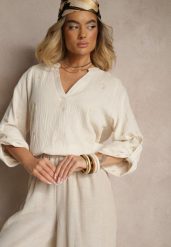 Jasnobeżowa Bluzka z Bawełny z Dekoltem w Kształcie Litery V i Kwiatowym Haftem Lisorella. Brązowe bluzki Renee, l, bez wzorów, z bawełny, eleganckie, bez kołnierzyka, bez ramiączek. W wyprzedaży za 59.49 zł.