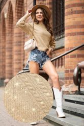 Krótki Półgolf z Cekinami i Błyszczącą Nitką - Beżowy. Brązowe swetry Merribel, uniwersalny, bez wzorów, z elastanu, bez ramiączek. Za 159.90 zł.