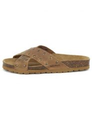 BABUNKERS Family Skórzane klapki w kolorze jasnobrązowym rozmiar: 36. Brązowe klapki BABUNKERS Family, bez wzorów, z otwartym noskiem, bez obcasa. Za 109.26 zł.