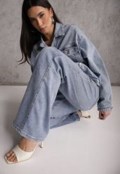 Niebieskie Jeansy Szerokie z Bawełny High Waist Ozdobione Perełkami i Wycięciami Nenelsea. Niebieskie jeansy Renee, l, bez wzorów, z podwyższonym stanem. Za 159.99 zł.