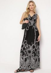 Czarna Sukienka z Ornamentalnym Wzorem Gumką w Talii i Sznurkami na Ramionach Avemina. Czarne sukienki Born2be, na spotkanie biznesowe, l, bez wzorów, eleganckie, bez kołnierzyka, bez ramiączek, maxi. Za 54.99 zł.