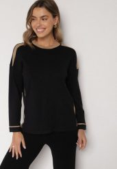 Czarny Sweter z Bawełną i Metaliczną Nicią Tusima. Czarne swetry Born2be, l, bez wzorów, z bawełny, bez ramiączek. Za 79.99 zł.