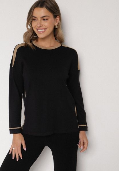 Czarny Sweter z Bawełną i Metaliczną Nicią Tusima. Czarne swetry Born2be, l, bez wzorów, z bawełny, bez ramiączek. Za 79.99 zł.