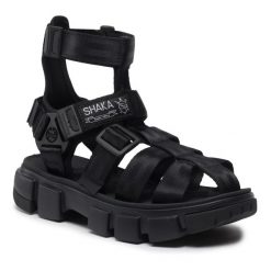 Sandały Shaka. Czarne sandały Shaka, bez wzorów, bez obcasa, na płaskiej podeszwie, bez zapięcia. Za 419.99 zł.