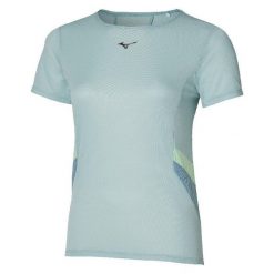 Koszulka damska Mizuno Dryaeroflow. Niebieskie bluzki Mizuno, bez wzorów, sportowe, bez kołnierzyka, bez ramiączek. Za 129.99 zł.