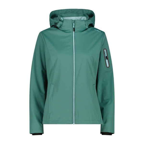 Kurtka damska turystyczna CMP 39A5016. Zielone kurtki sportowe CMP, l, bez wzorów, z softshellu, z kapturem, trekkingowe. W wyprzedaży za 209.99 zł.