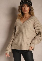 Beżowy Sweter Prążkowany z Wiskozą Wełną Rozcięciami i Ozdobnymi Ściągaczami Korinka. Brązowe swetry Renee, bez wzorów, z jeansu, bez ramiączek. Za 139.99 zł.