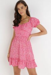Różowa Sukienka Emas. Czerwone sukienki Born2be, m, bez wzorów, z tkaniny, bez kołnierzyka, bez ramiączek, mini. Za 129.99 zł.